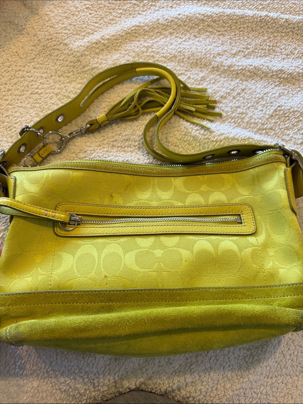 Coach Lime Green Signature Jacquard Shoulder Bag with Tassel - Picture 4 of 6